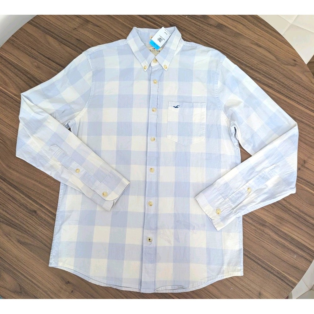 Hollister Men's Medium Blue White Gingham Check Stretch Button Down Shirt